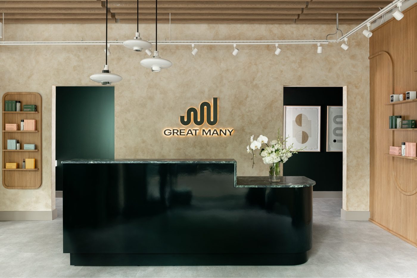 Reception counter with Venetian plaster accent wall