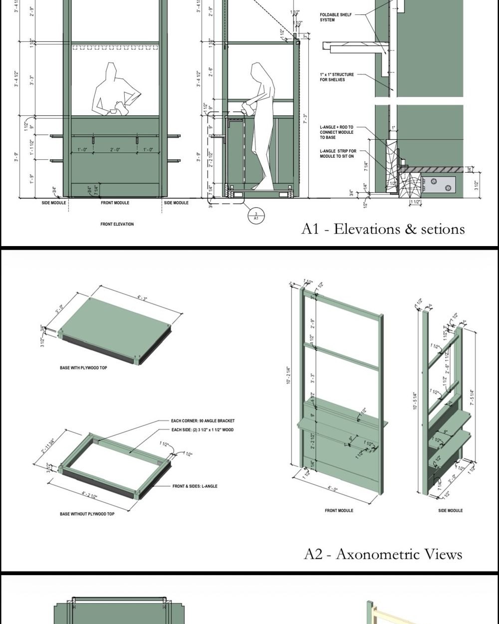 Measured shop drawings with elevations and axonometric views of the book kiosk