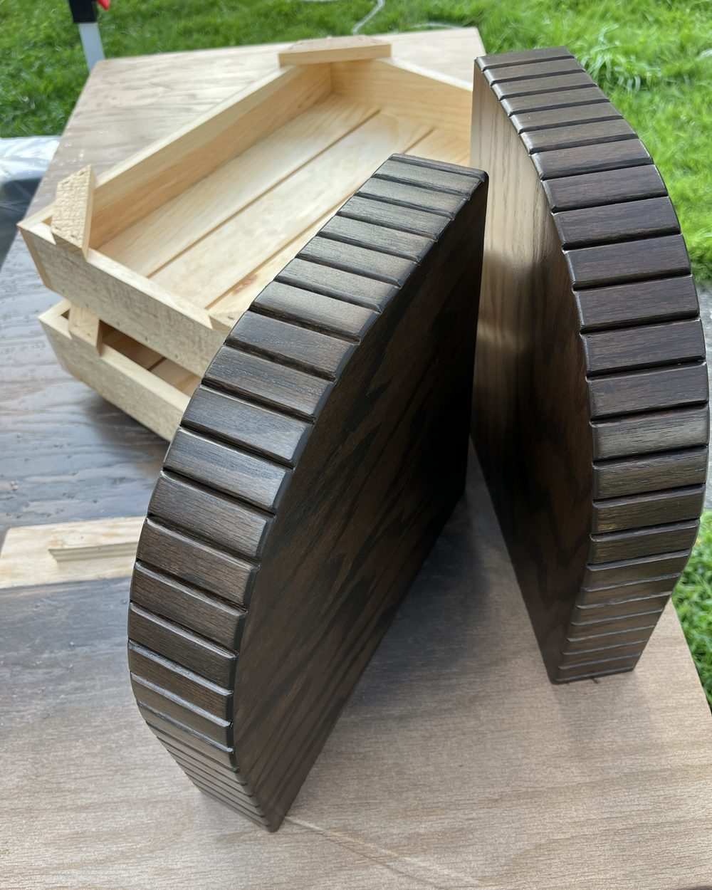 Curved reeded and fluted cabinet panels in the workshop
