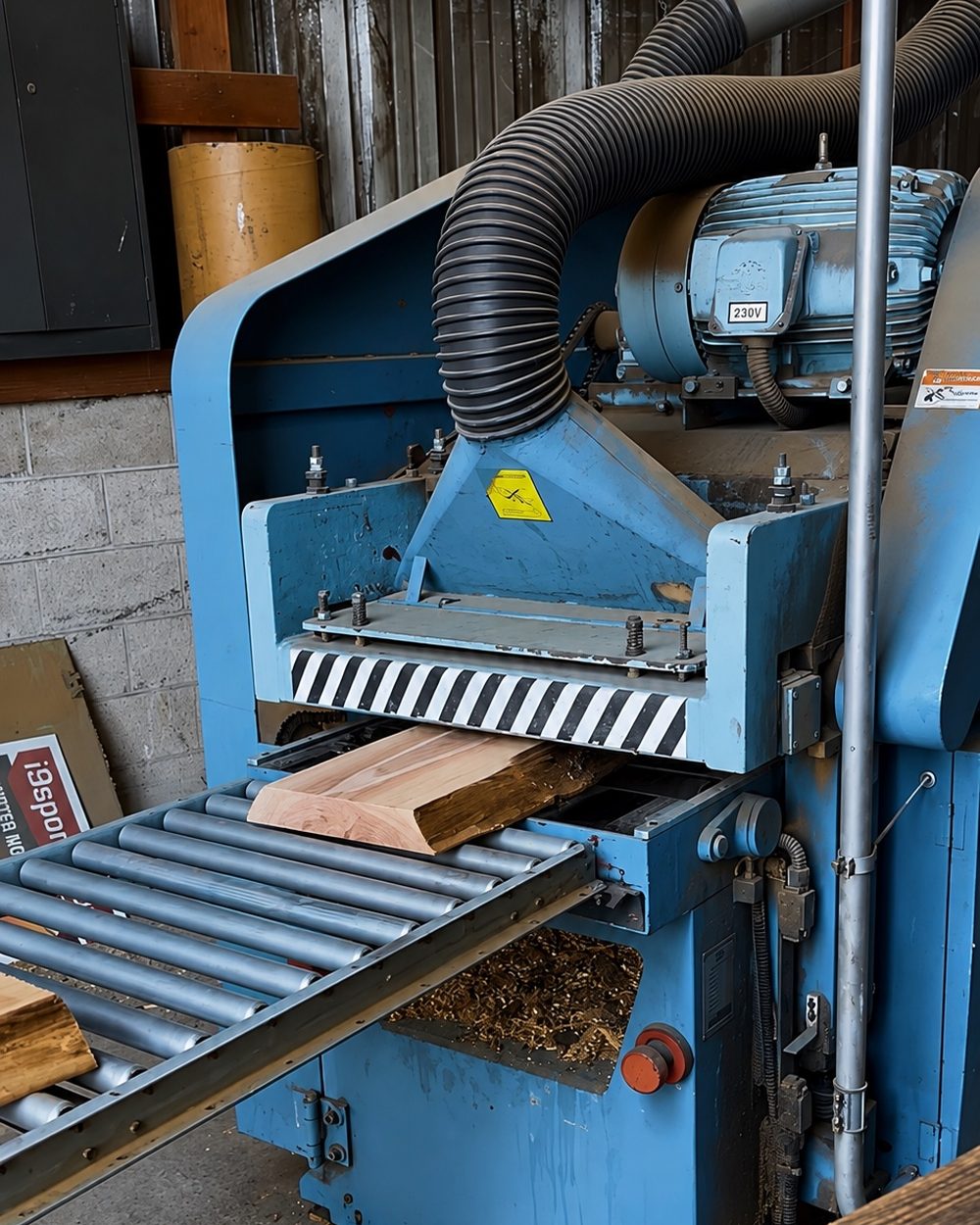 Lumber running through the shop planer