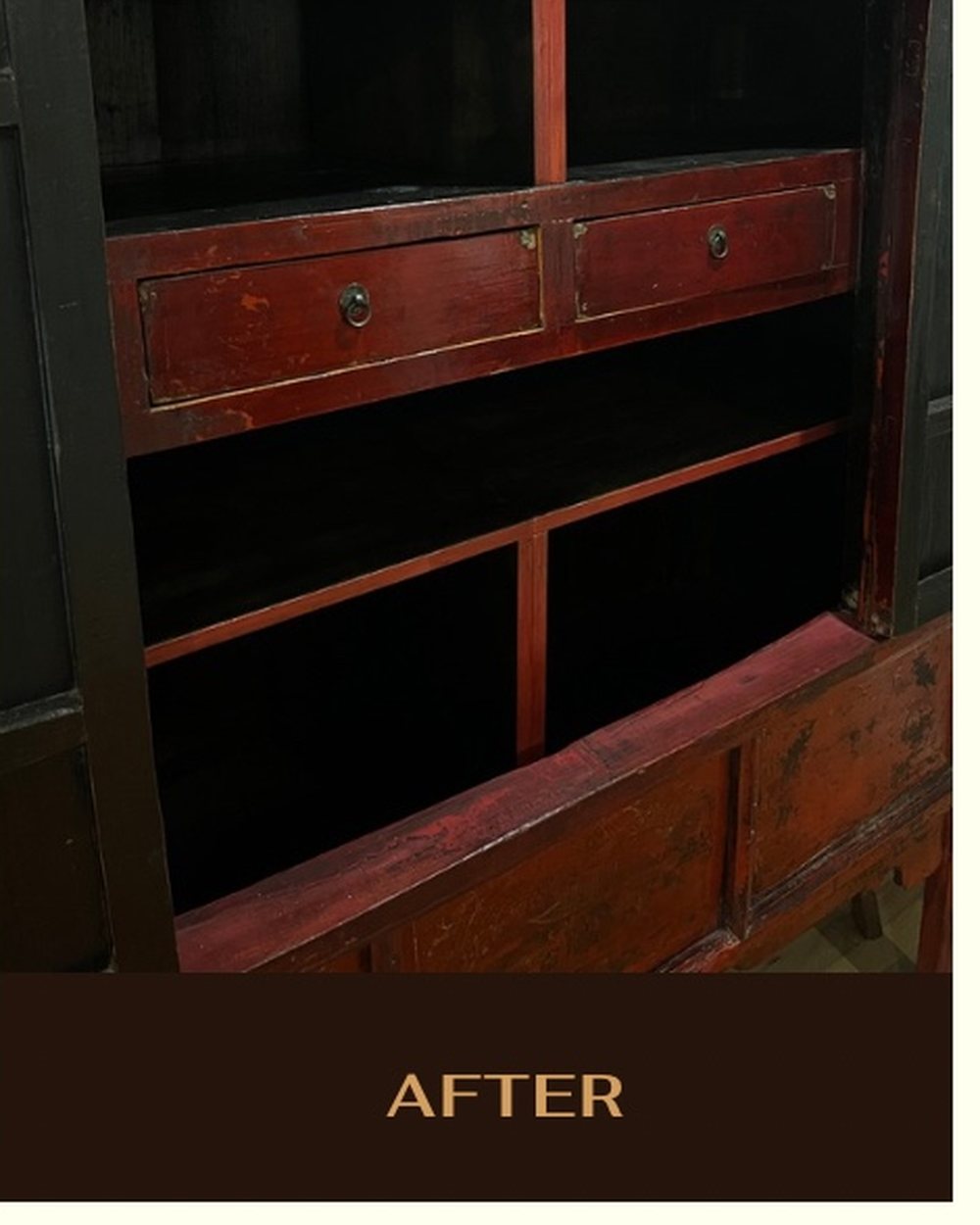 The same cabinet after refinishing in black and red