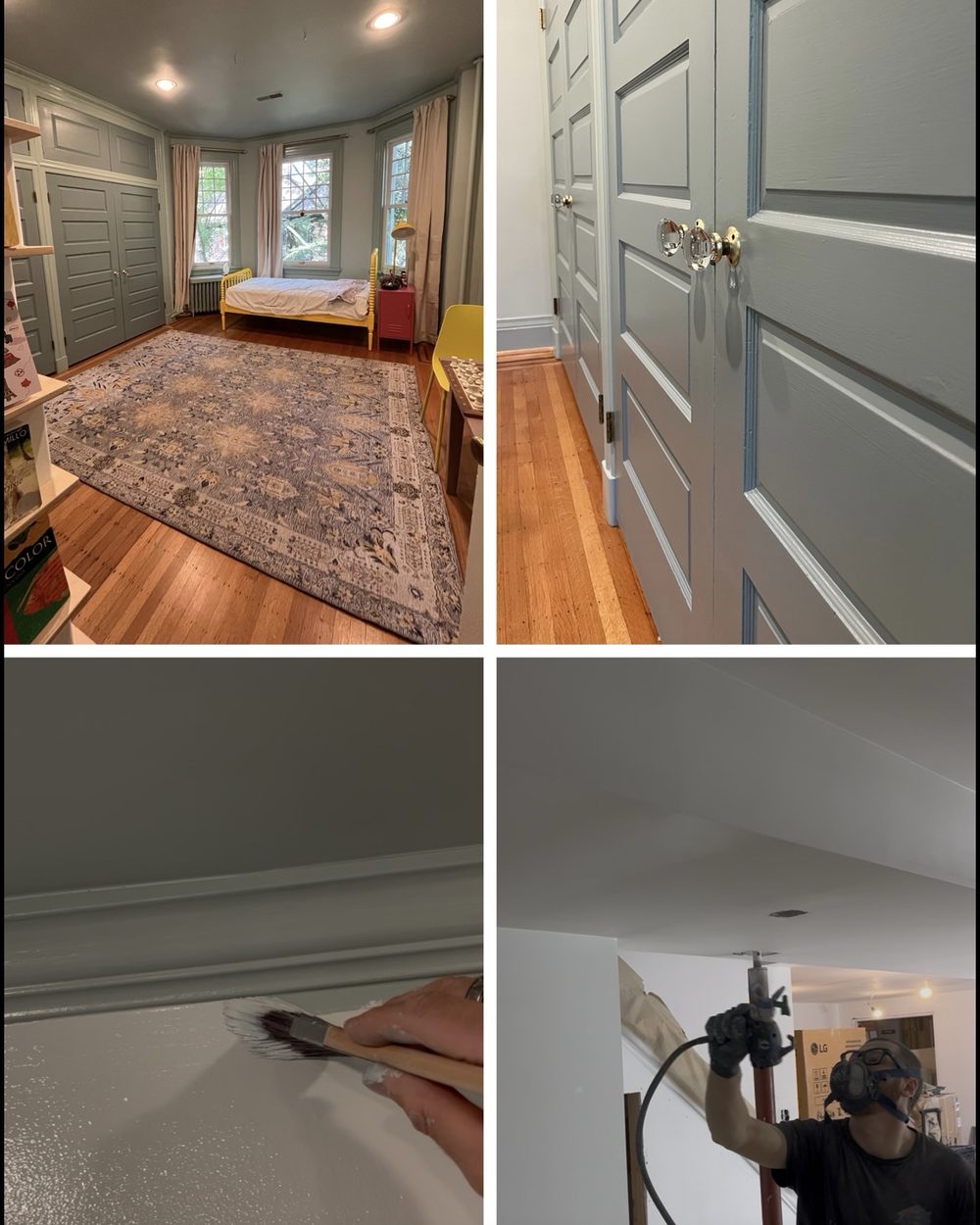 Four photos of a finished bedroom, paneled doors, baseboard and spray finishing